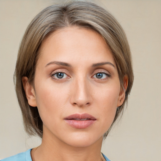 Neutral white young-adult female with medium  brown hair and grey eyes