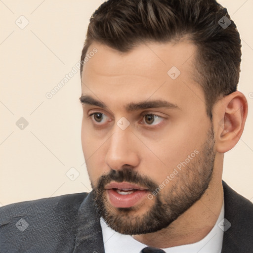 Neutral white young-adult male with short  brown hair and brown eyes