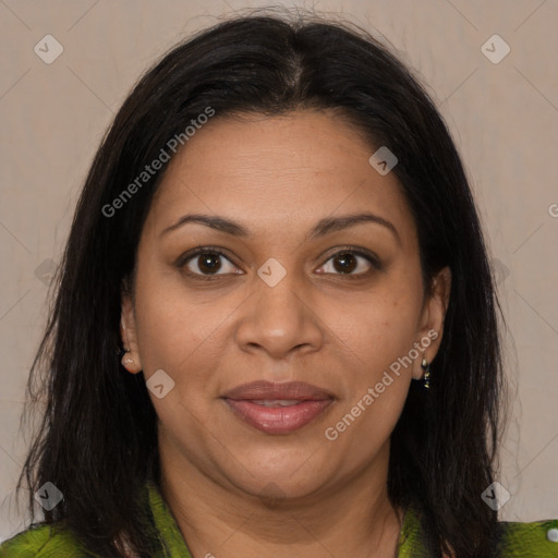 Joyful black adult female with medium  brown hair and brown eyes