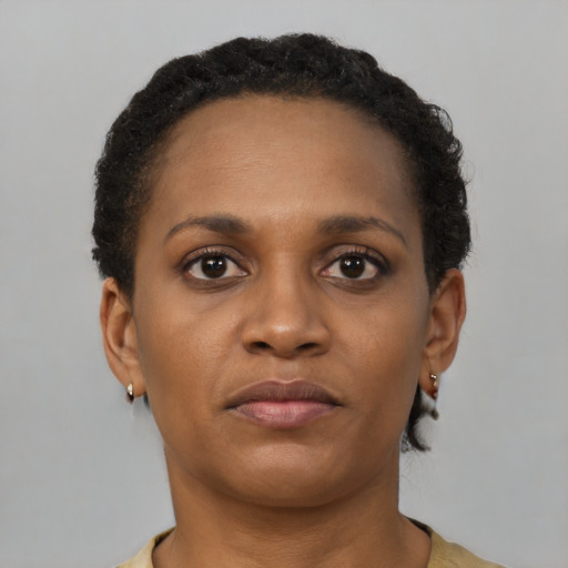 Neutral black young-adult female with short  brown hair and brown eyes