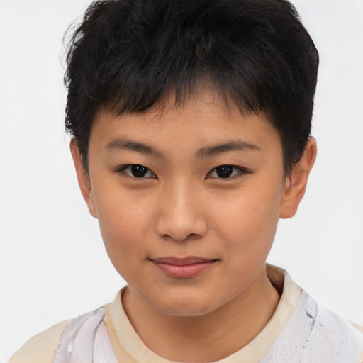 Joyful asian child female with short  brown hair and brown eyes