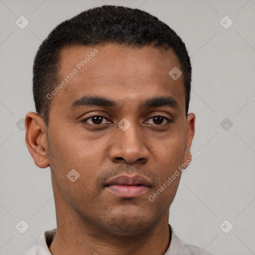 Neutral latino young-adult male with short  brown hair and brown eyes