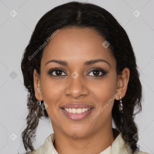 Joyful black young-adult female with medium  black hair and brown eyes