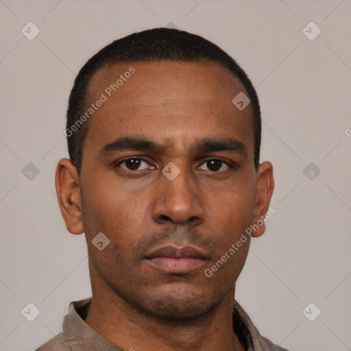 Neutral latino young-adult male with short  black hair and brown eyes