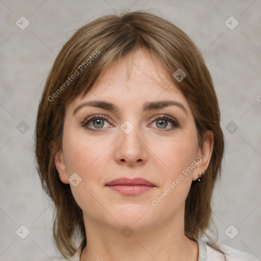 Joyful white young-adult female with medium  brown hair and grey eyes