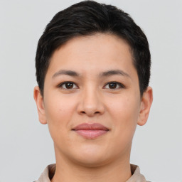 Joyful asian young-adult female with short  brown hair and brown eyes