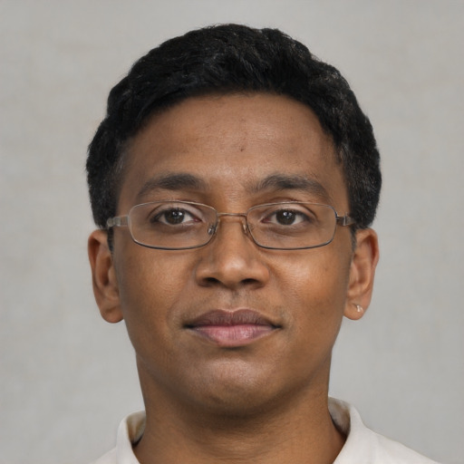 Neutral black adult male with short  black hair and brown eyes