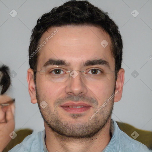 Neutral white young-adult male with short  brown hair and brown eyes