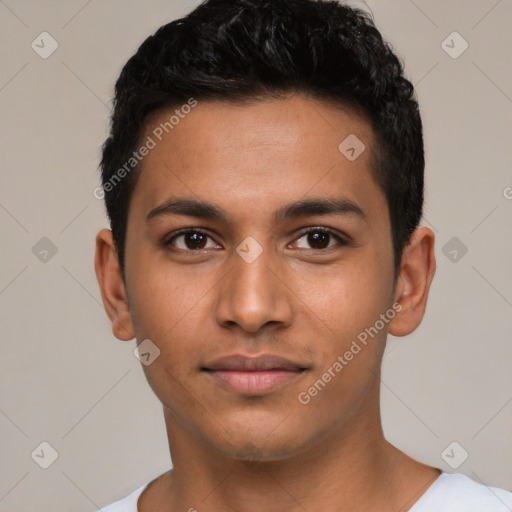 Neutral latino young-adult male with short  black hair and brown eyes