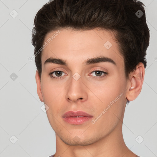 Neutral white young-adult male with short  brown hair and brown eyes