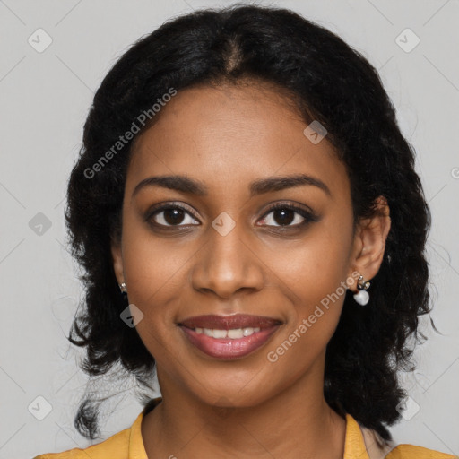 Joyful black young-adult female with medium  black hair and brown eyes