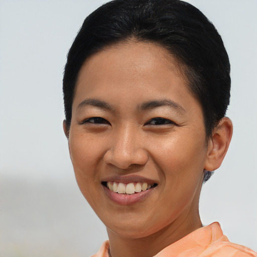 Joyful asian young-adult female with short  brown hair and brown eyes