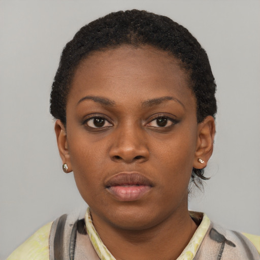 Neutral latino young-adult female with short  black hair and brown eyes