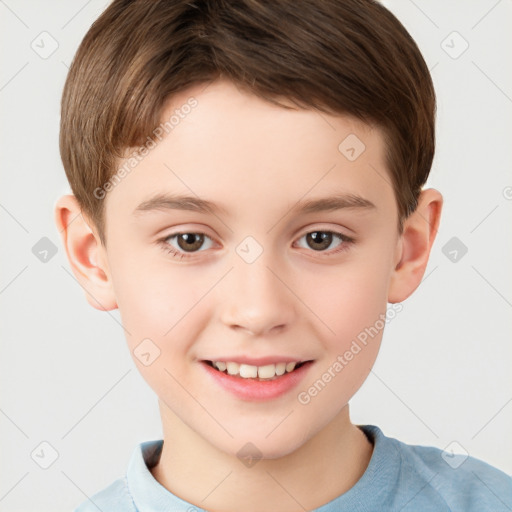 Joyful white child male with short  brown hair and brown eyes