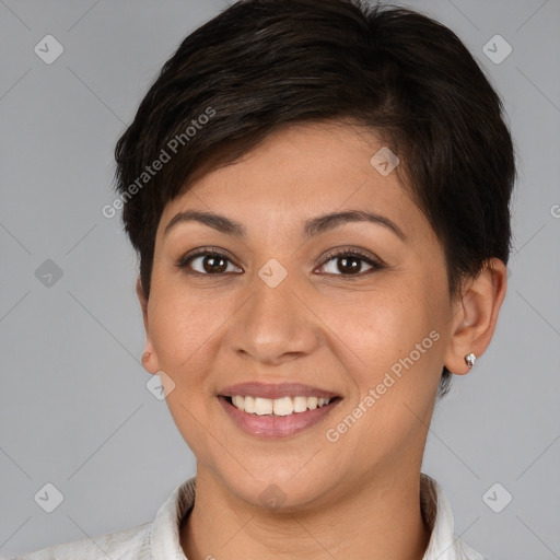 Joyful white young-adult female with short  brown hair and brown eyes