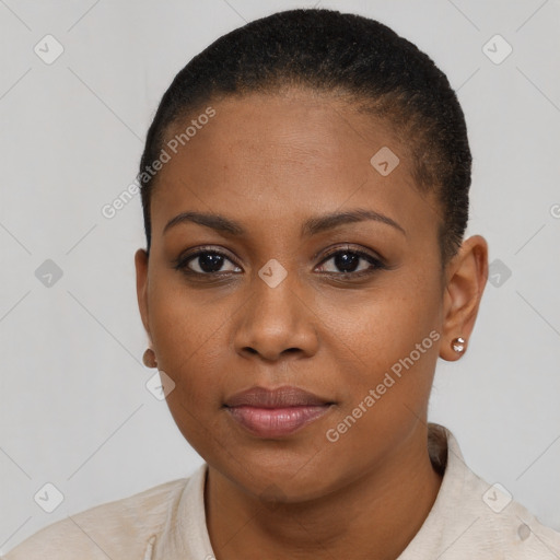 Neutral black young-adult female with short  brown hair and brown eyes