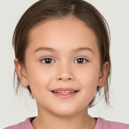 Joyful white child female with medium  brown hair and brown eyes