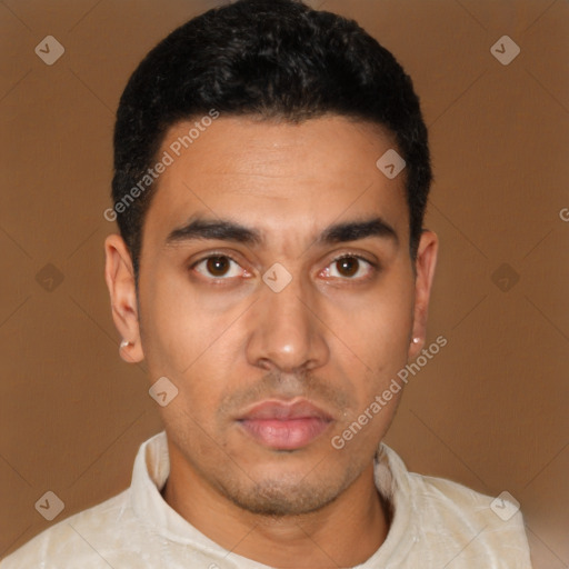 Neutral latino young-adult male with short  black hair and brown eyes