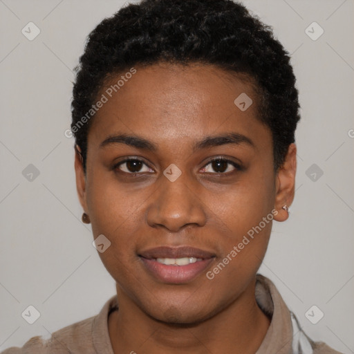 Joyful black young-adult female with short  brown hair and brown eyes