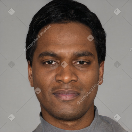 Neutral black young-adult male with short  black hair and brown eyes