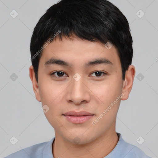 Neutral asian young-adult male with short  black hair and brown eyes