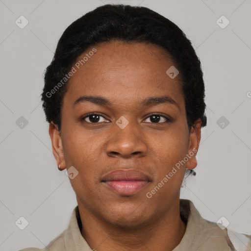Neutral black young-adult female with short  black hair and brown eyes