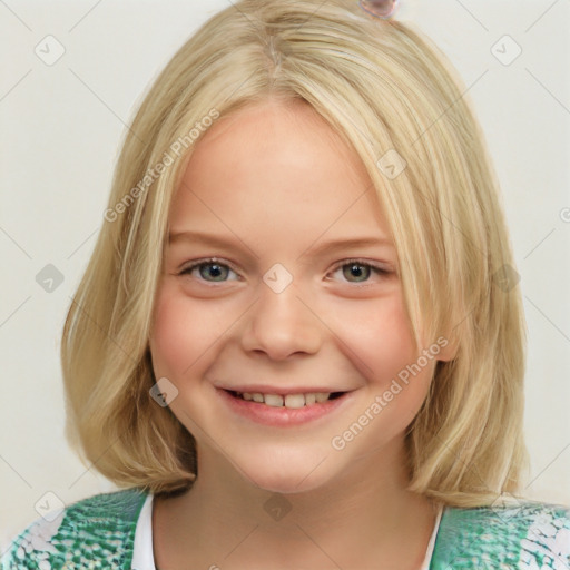 Joyful white child female with medium  brown hair and blue eyes