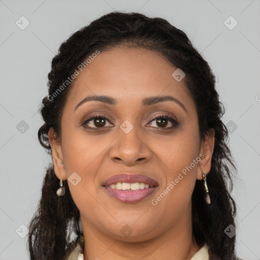 Joyful latino young-adult female with long  brown hair and brown eyes