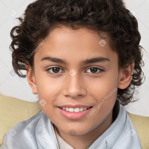 Joyful white child female with short  brown hair and brown eyes