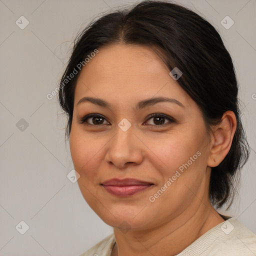 Joyful white adult female with medium  brown hair and brown eyes