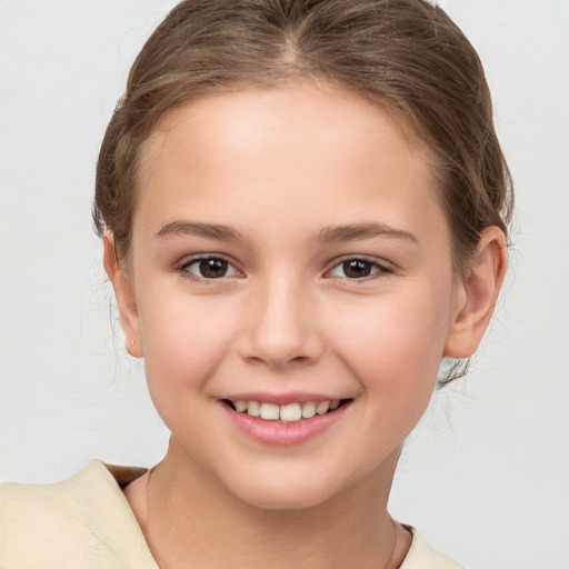 Joyful white child female with medium  brown hair and brown eyes