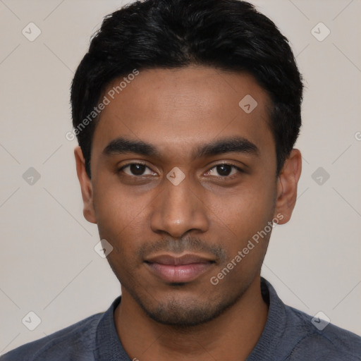 Neutral latino young-adult male with short  black hair and brown eyes