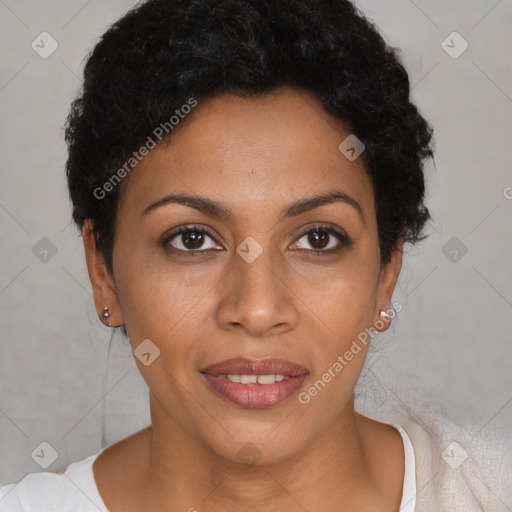 Joyful latino young-adult female with short  brown hair and brown eyes