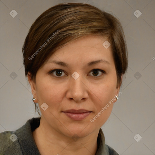 Joyful white adult female with medium  brown hair and brown eyes