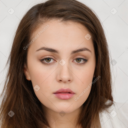 Neutral white young-adult female with long  brown hair and brown eyes