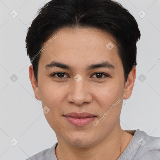 Joyful white young-adult female with short  black hair and brown eyes