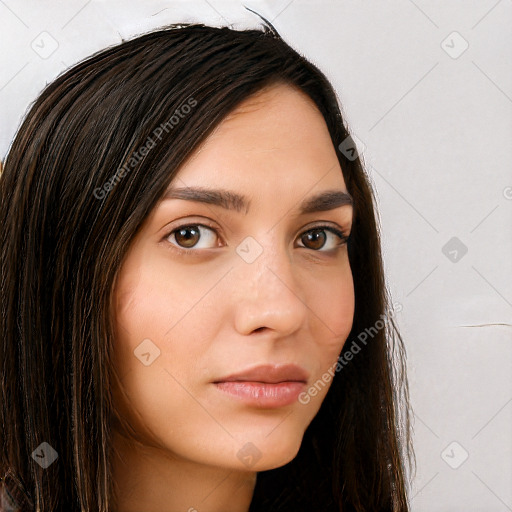 Neutral white young-adult female with long  brown hair and brown eyes