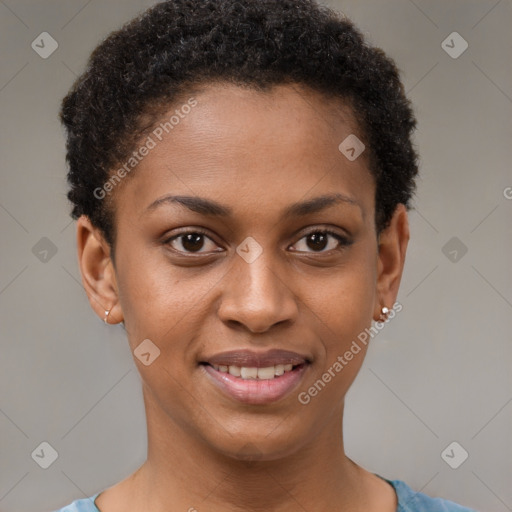 Joyful black young-adult female with short  brown hair and brown eyes