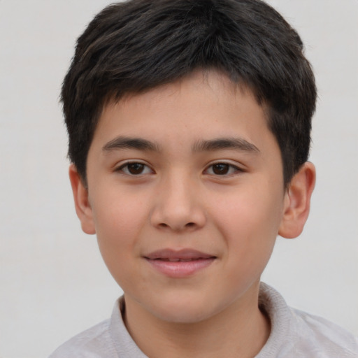 Joyful asian child male with short  brown hair and brown eyes