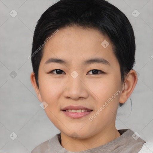 Joyful asian young-adult female with short  brown hair and brown eyes