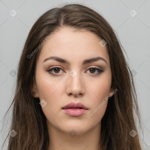 Neutral white young-adult female with long  brown hair and brown eyes