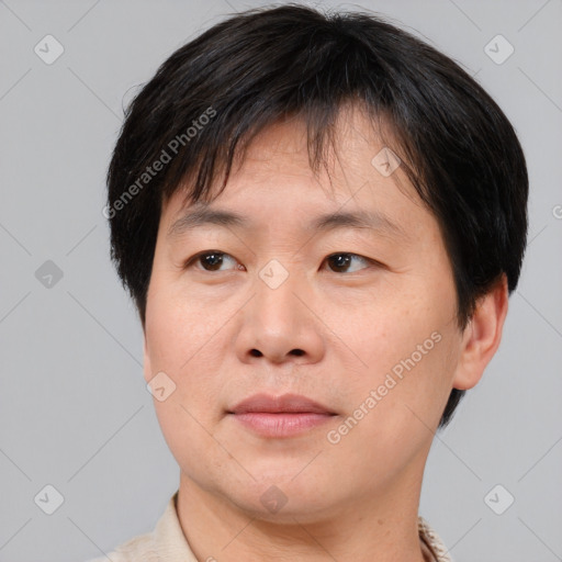 Neutral asian adult male with short  brown hair and brown eyes