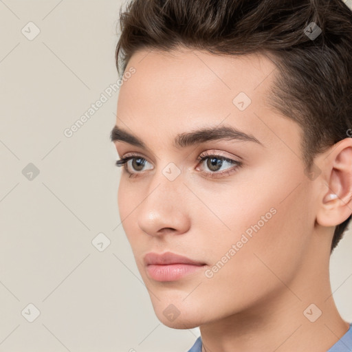 Neutral white young-adult female with short  brown hair and brown eyes