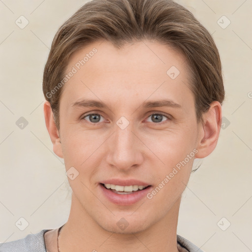 Joyful white young-adult female with short  brown hair and grey eyes