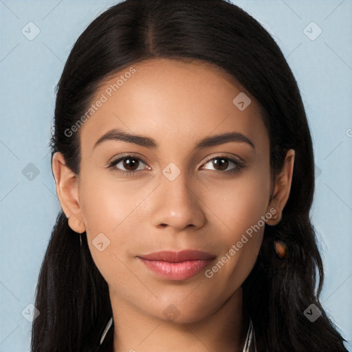 Joyful latino young-adult female with long  brown hair and brown eyes