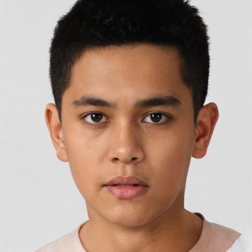 Neutral latino young-adult male with short  black hair and brown eyes