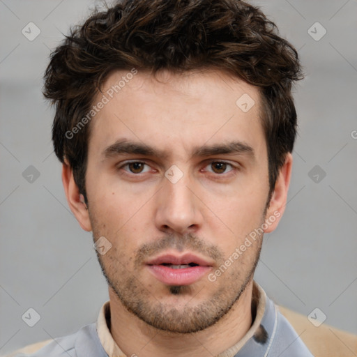 Neutral white young-adult male with short  brown hair and brown eyes