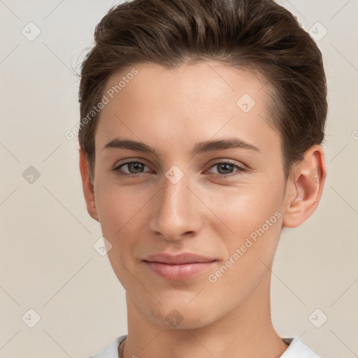 Joyful white young-adult female with short  brown hair and brown eyes