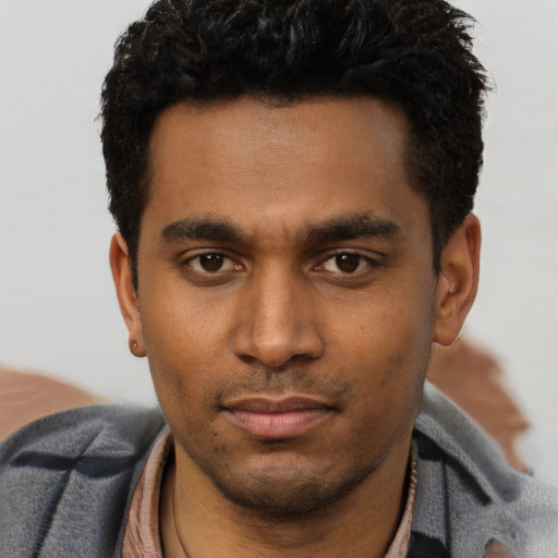 Neutral latino young-adult male with short  black hair and brown eyes