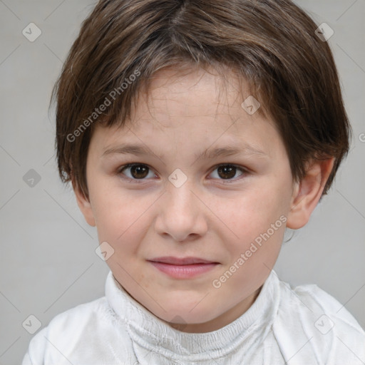 Joyful white child female with short  brown hair and brown eyes